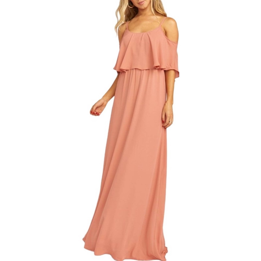Show Me Your Mumu Caitlin Curve Flattering Mauve Ruffle Maxi Bridesmaid Dress
